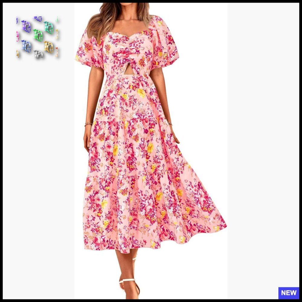 Boho Maxi Dress Flowy Smocked Back Square Neck Short Sleeve Casual Summer - Picture 1 of 7